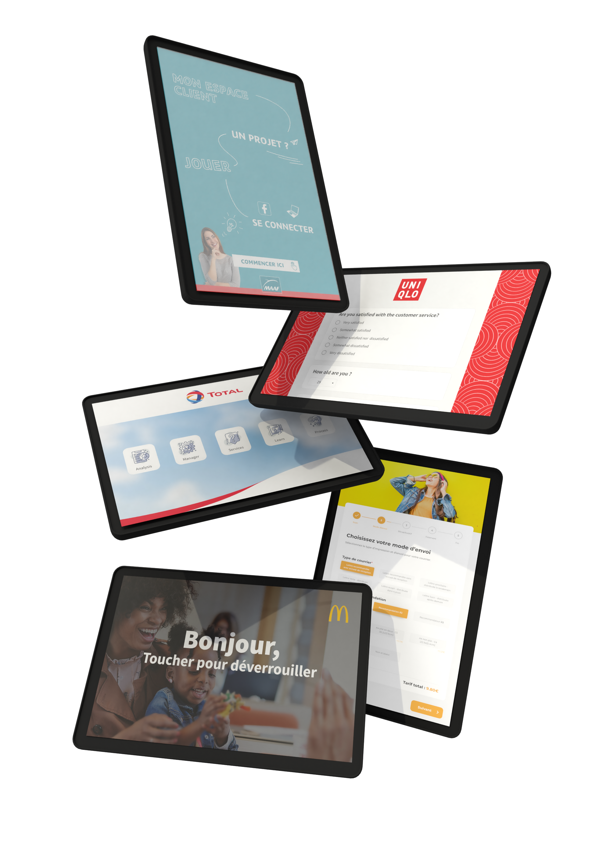 mockup de plusieurs tablette floating avec des interfaces tab instore intégrées