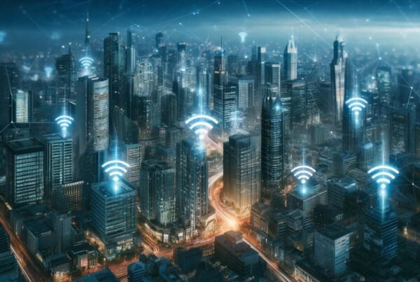 image générée par IA d'une ville avec des icones wifi
