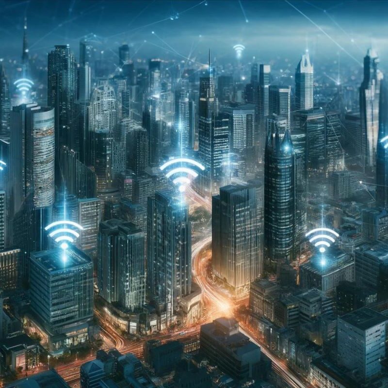 image générée par IA d'une ville avec des icones wifi